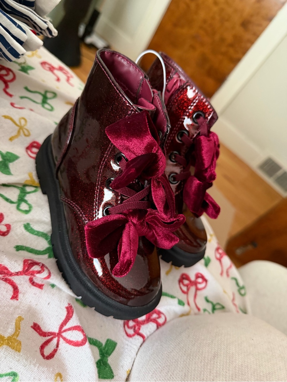 Target Girls' Burgundy Sparkle Lace-Up Boots with Velvet Bows